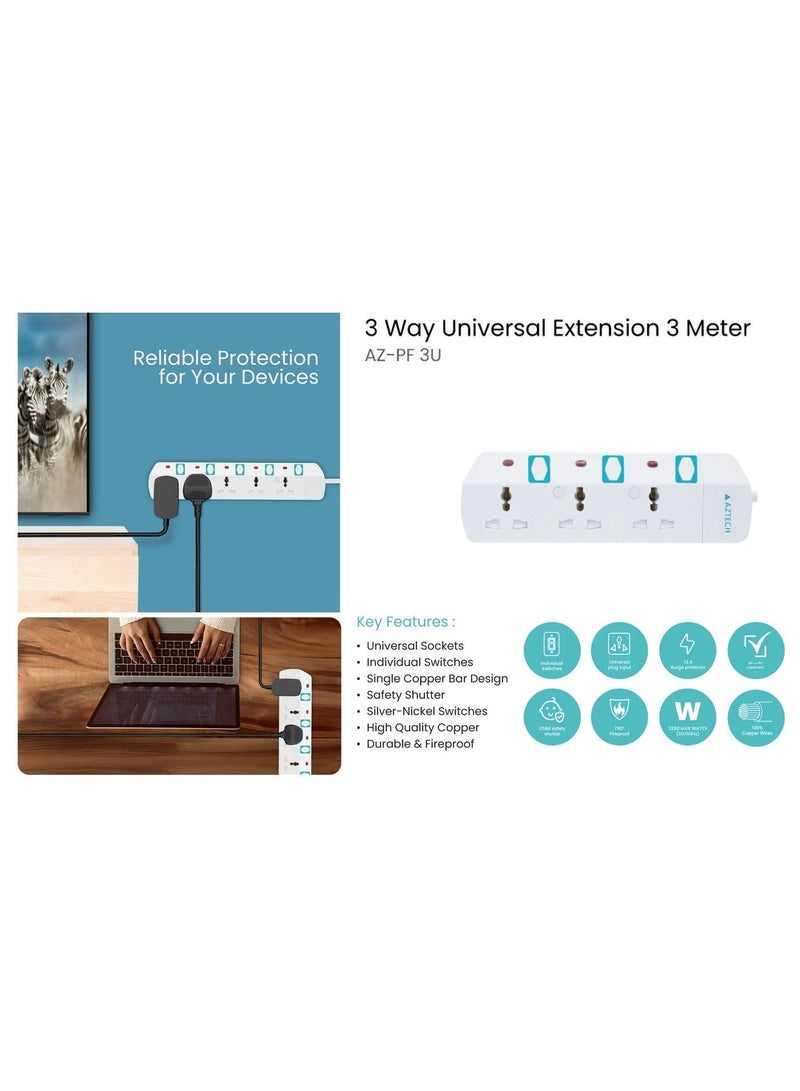 Aztech كابل تمديد كهربائي 3 طرق 3M 3250W مع 3 مآخذ عالمية ومفاتيح فردية ومؤشرات LED معتمد من ECAS - Image 5